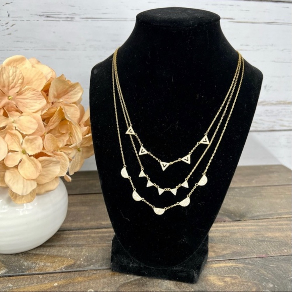 STELLA & DOT Pave Gold Tone 3-Strand Layered Geometric Necklace